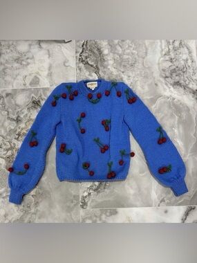 Lirika Matoshi Blue Cherry-Appliqué Crewneck Sweater